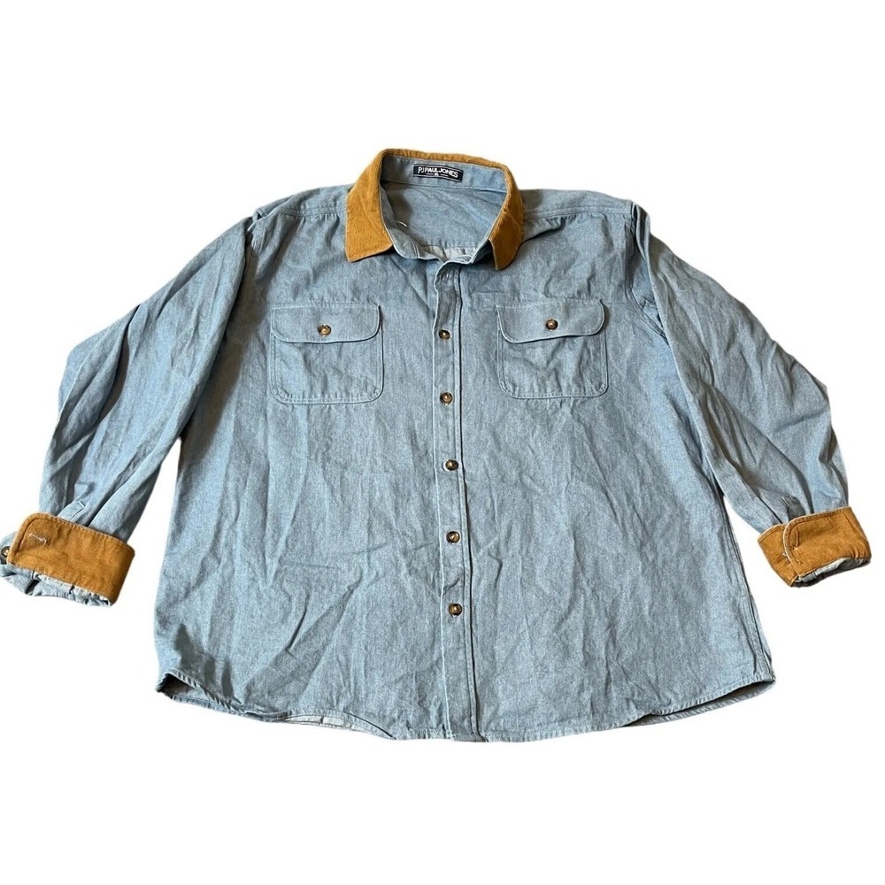 PJ Paul Jones Button Up Shirt Mens XL Blue Denim Long Sleeve Detail Chest Pocket